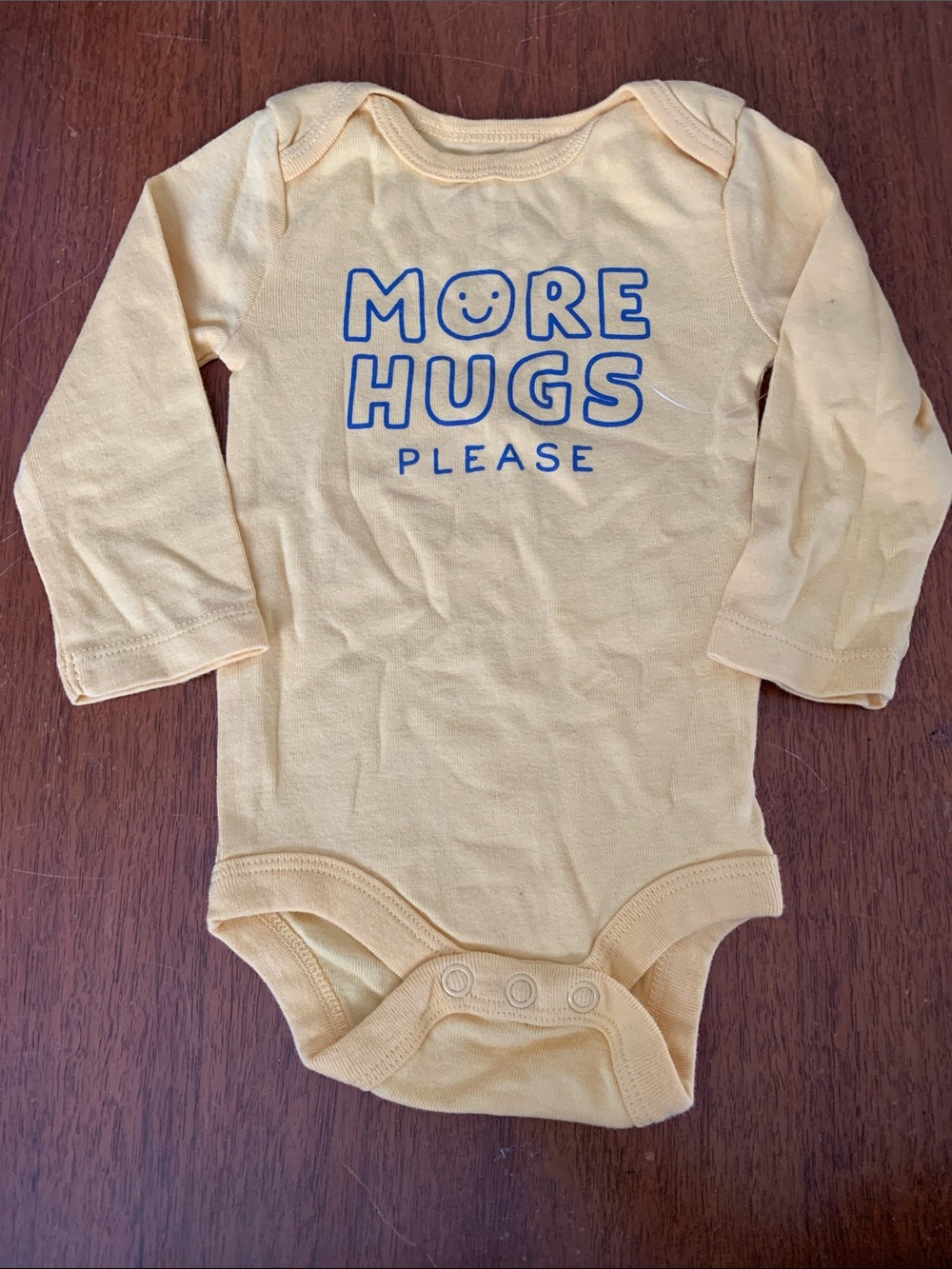 😊FREE😊 NWOT Joe Fresh Yellow Long-Sleeve Bodysuit with Blue 'More Hugs' Graphic